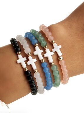 Multicolor Beaded Cross Stretch Bracelet Set - Pink, Green, Blue, White, Black